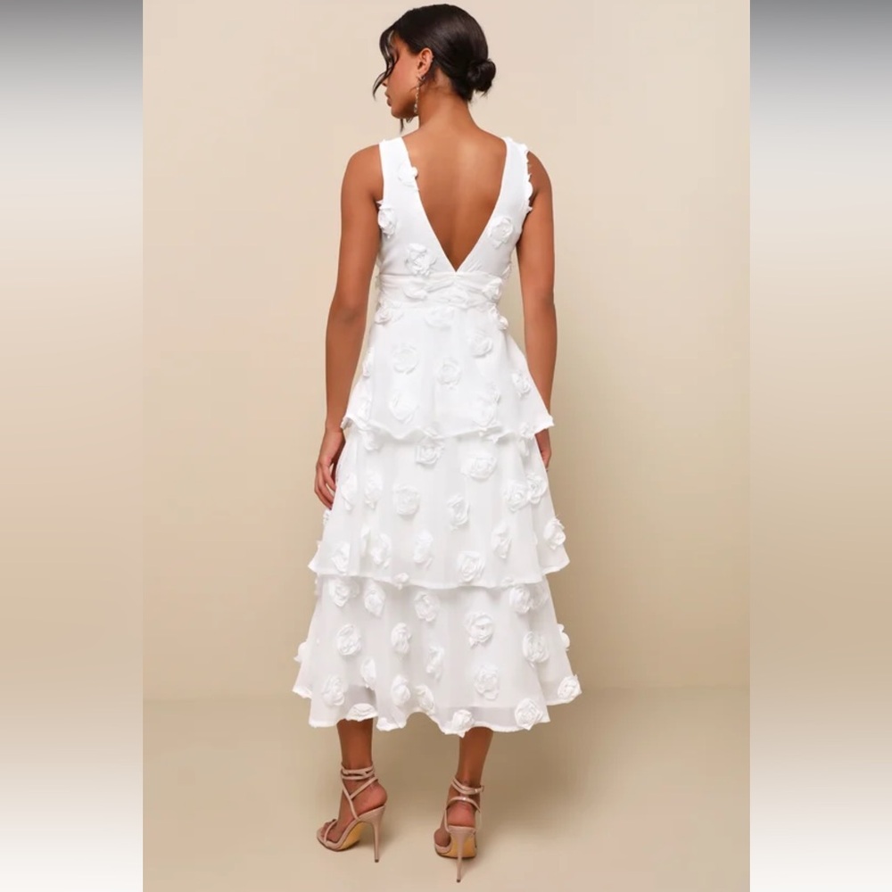 Lulus Exceptional Entrance White Sleeveless Tiered Rosette Midi Dress large - Picture 12 of 16